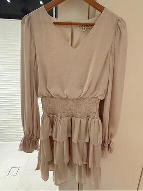 Smocked Waist Long-Sleeve Tiered Mini Dress - Beige